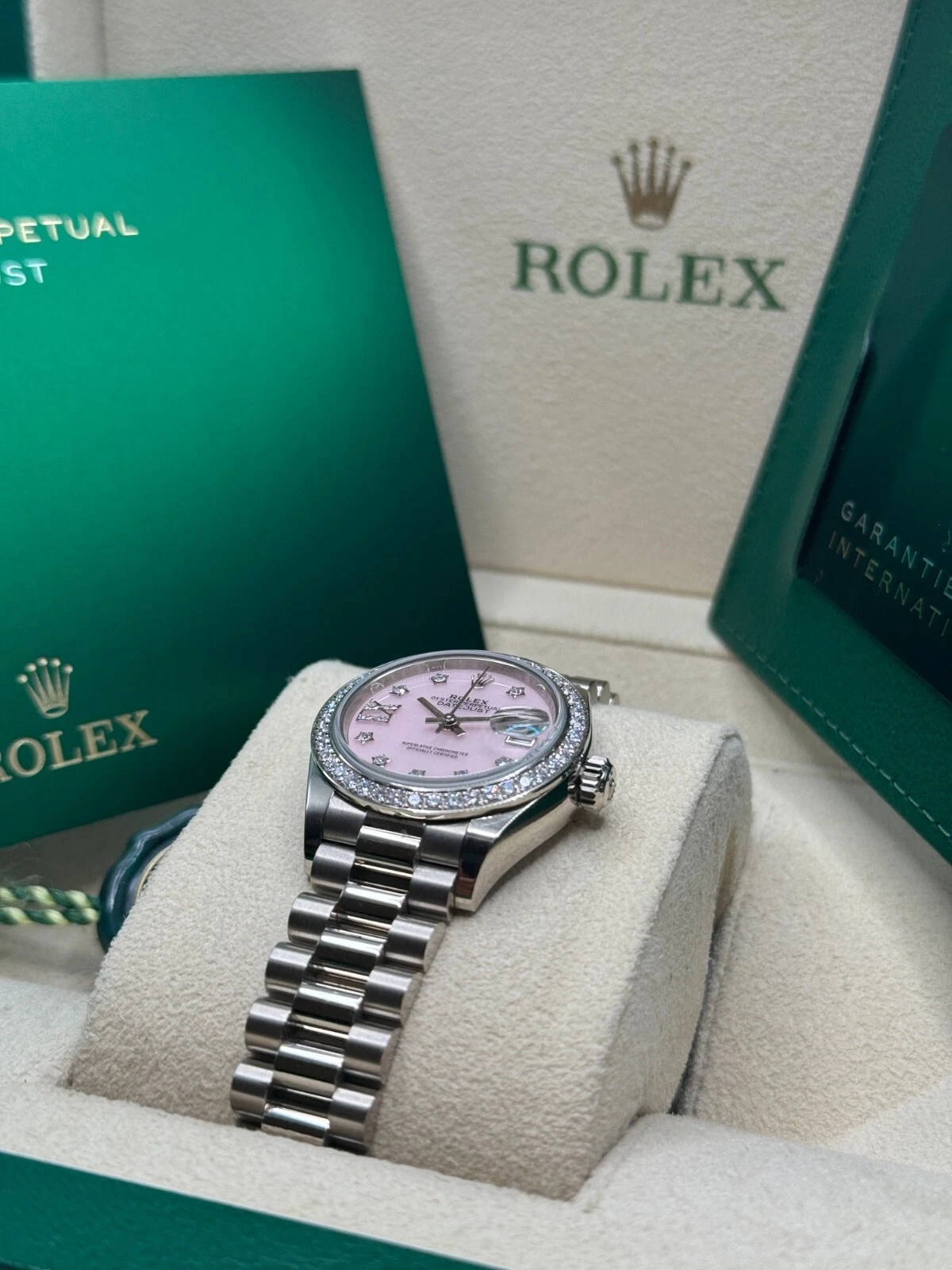 RLX Lady-Datejust 28mm 279139RBR Pink Opal Diamond Dial and Diamond Bezel White Gold Bracelet - LITELUX
