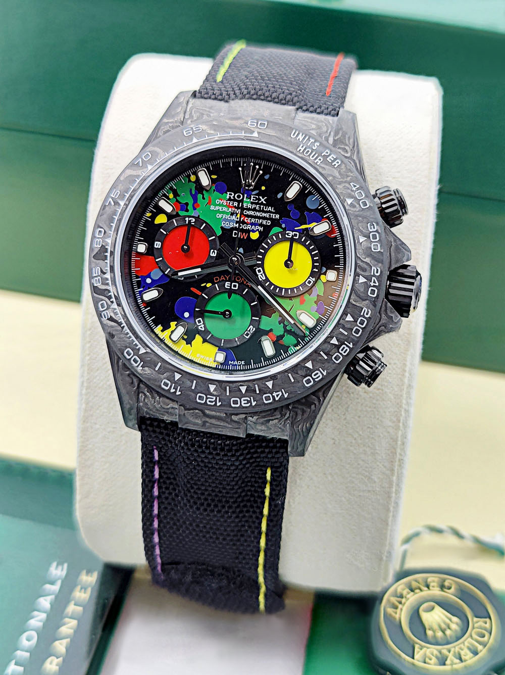 12A(Swiss movement)Rolex Cosmograph Daytona DIW Carbon Motley Multicolour Dial Swiss Replica Watch | Custom Made Limited Edition | - LITELUX