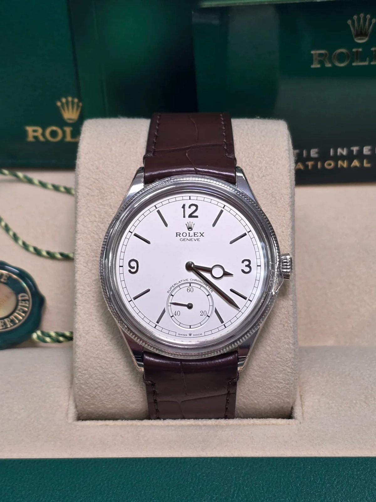 Rolex 1908 White Gold White Dial Brown Alligator Strap - 52509-0006 - LITELUX