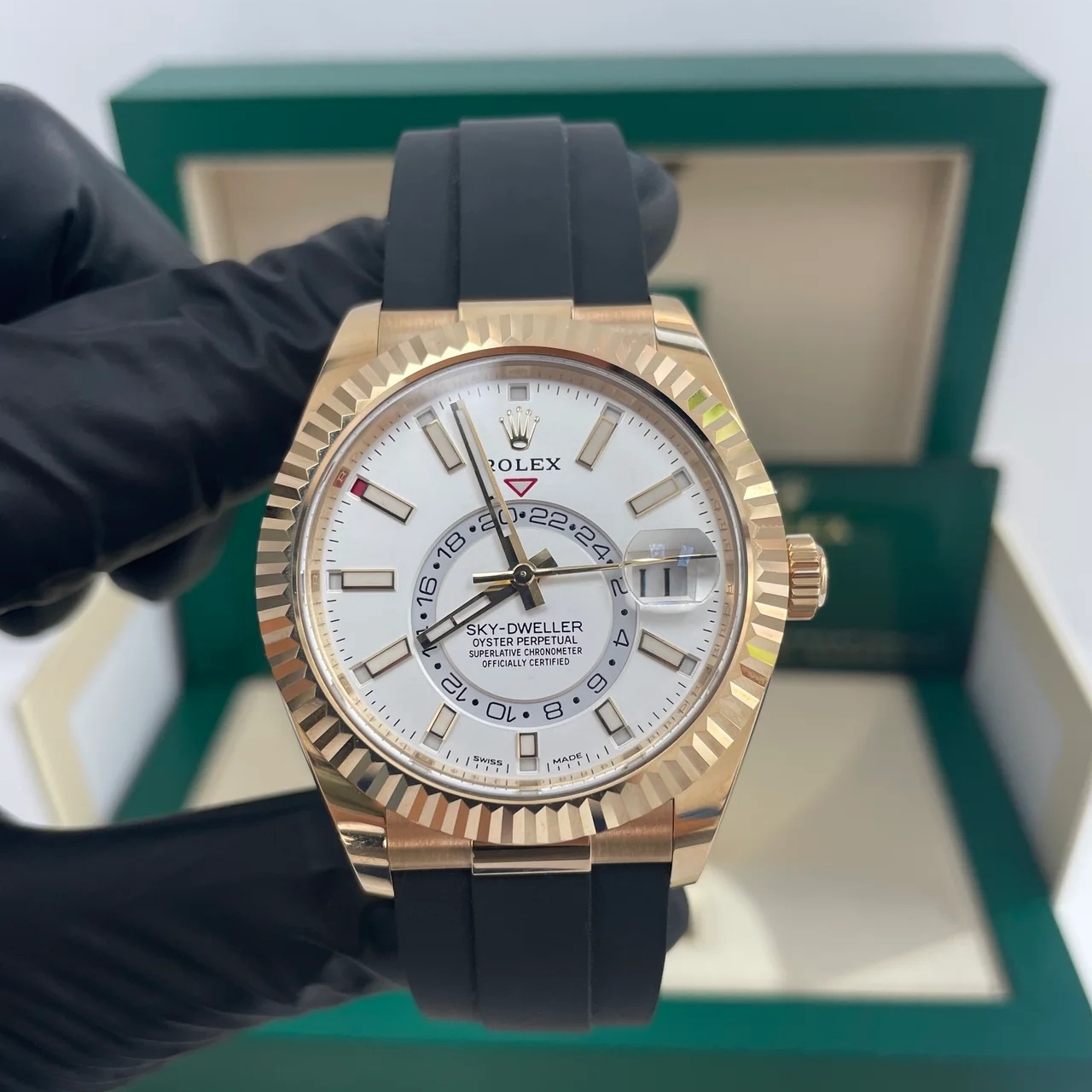 RLX Sky-Dweller 42mm 336238-0003 Yellow Gold White Dial Oysterflex - LITELUX