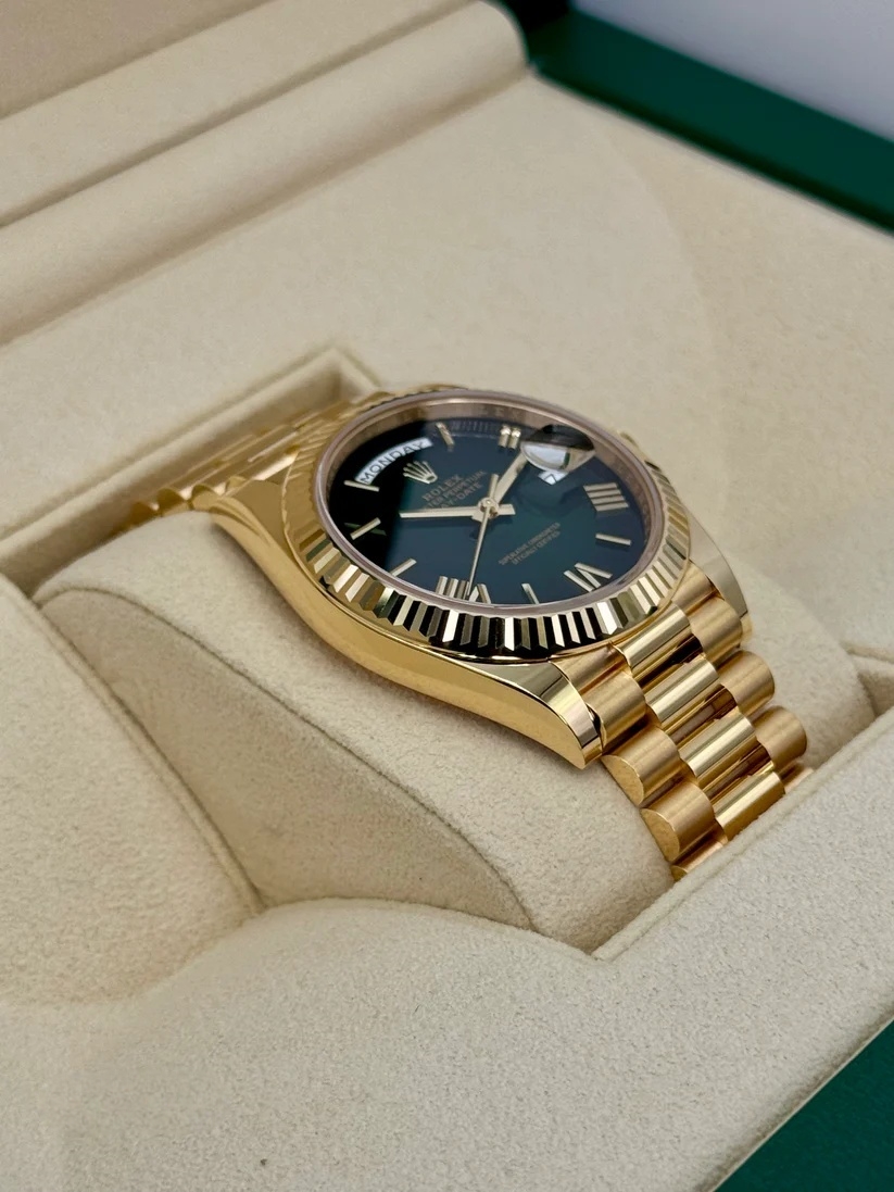 RLX Yellow Gold President Day Date 40mm Green Roman Ombre Dial - 228238 - LITELUX