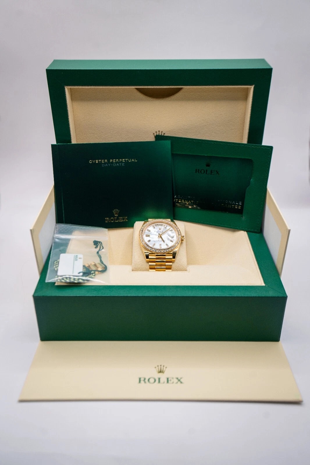 RLX Day-Date 40mm White Mother-of-Pearl Dial President Watch 228348RBR-0046 - LITELUX