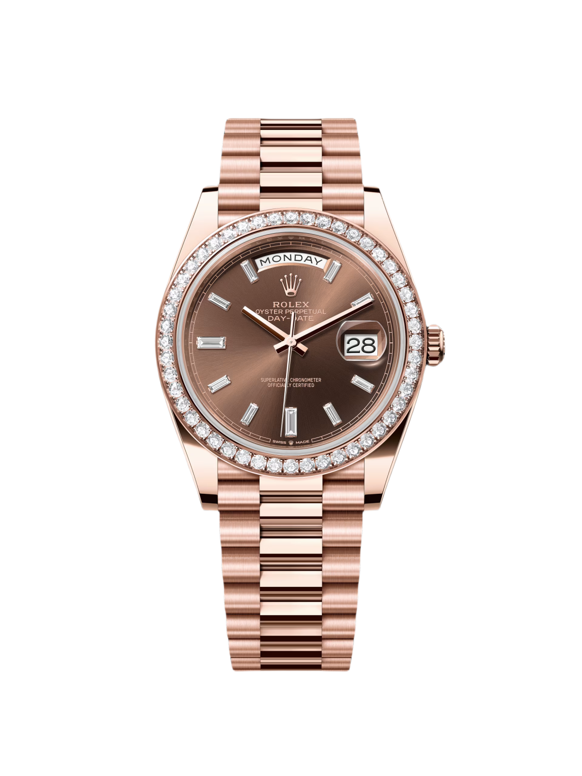 RLX Day-Date 40mm Chocolate Baguette Diamond Dial Diamond Bezel Dial Watch 228345RBR - LITELUX