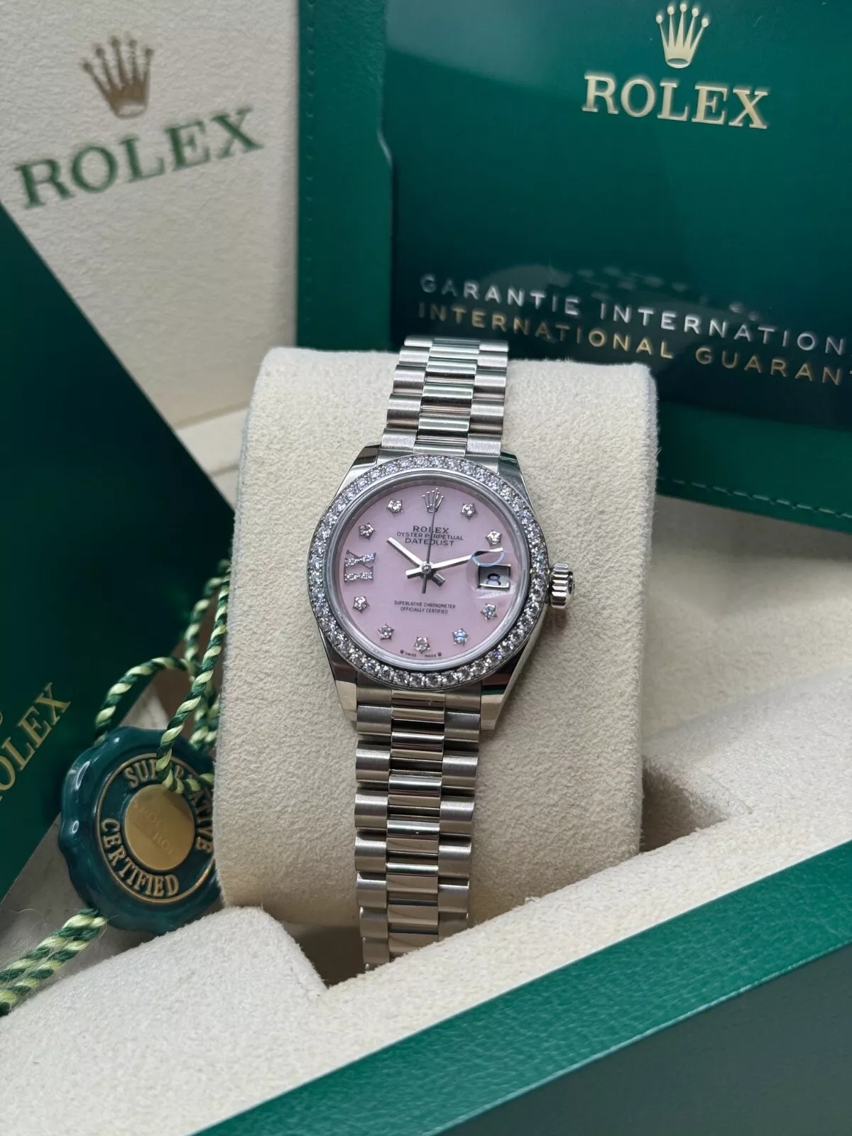 RLX Lady-Datejust 28mm 279139RBR Pink Opal Diamond Dial and Diamond Bezel White Gold Bracelet - LITELUX