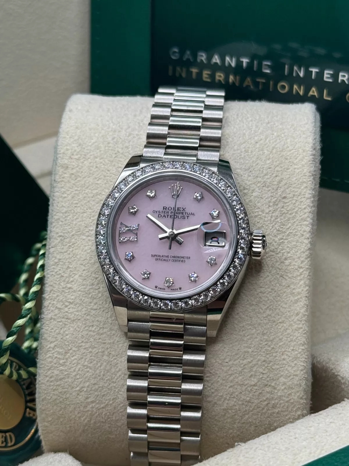 RLX Lady-Datejust 28mm 279139RBR Pink Opal Diamond Dial and Diamond Bezel White Gold Bracelet - LITELUX