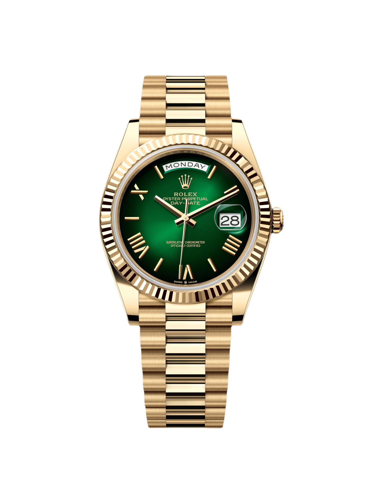 RLX Yellow Gold President Day Date 40mm Green Roman Ombre Dial - 228238 - LITELUX