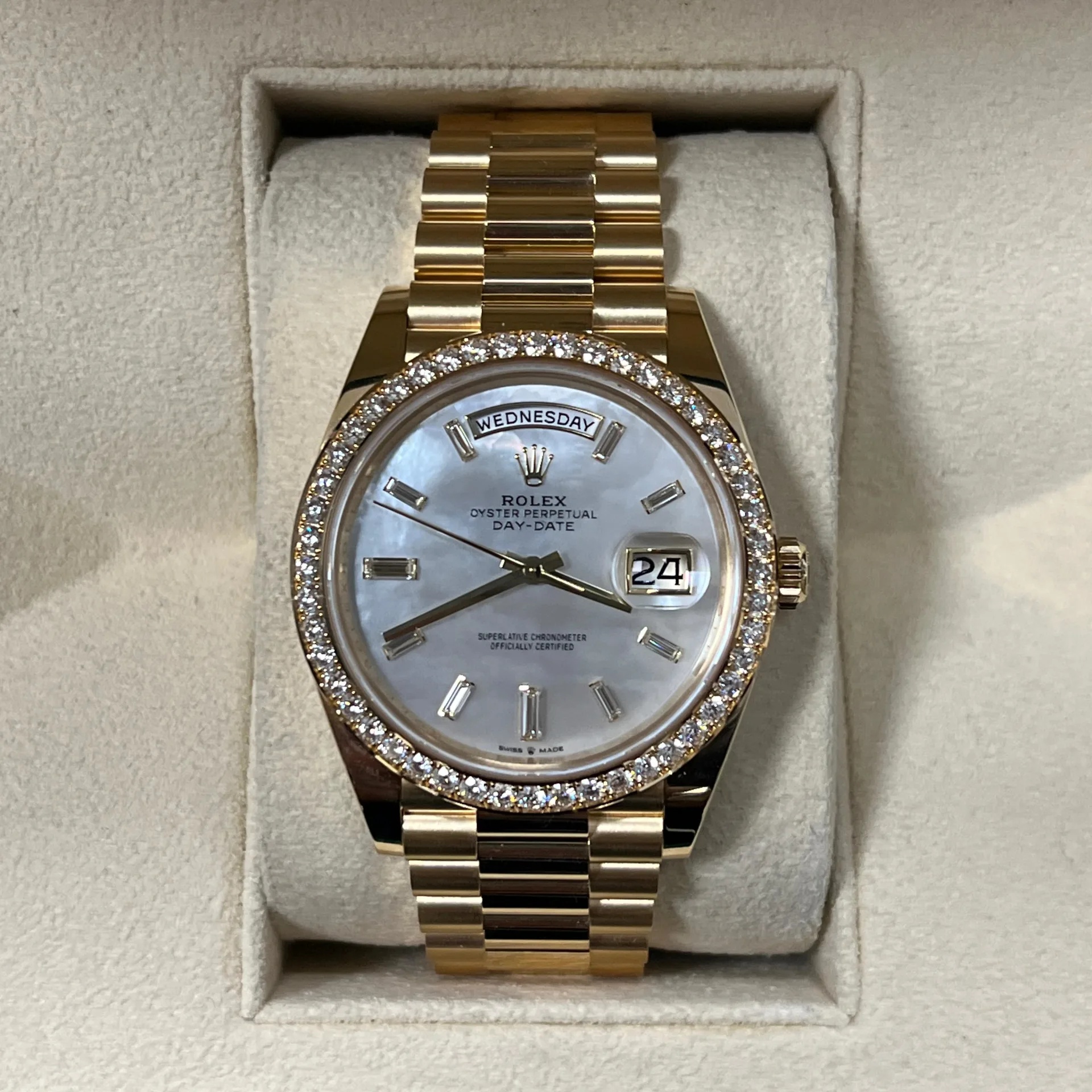 RLX Day-Date 40mm White Mother-of-Pearl Dial President Watch 228348RBR-0046 - LITELUX