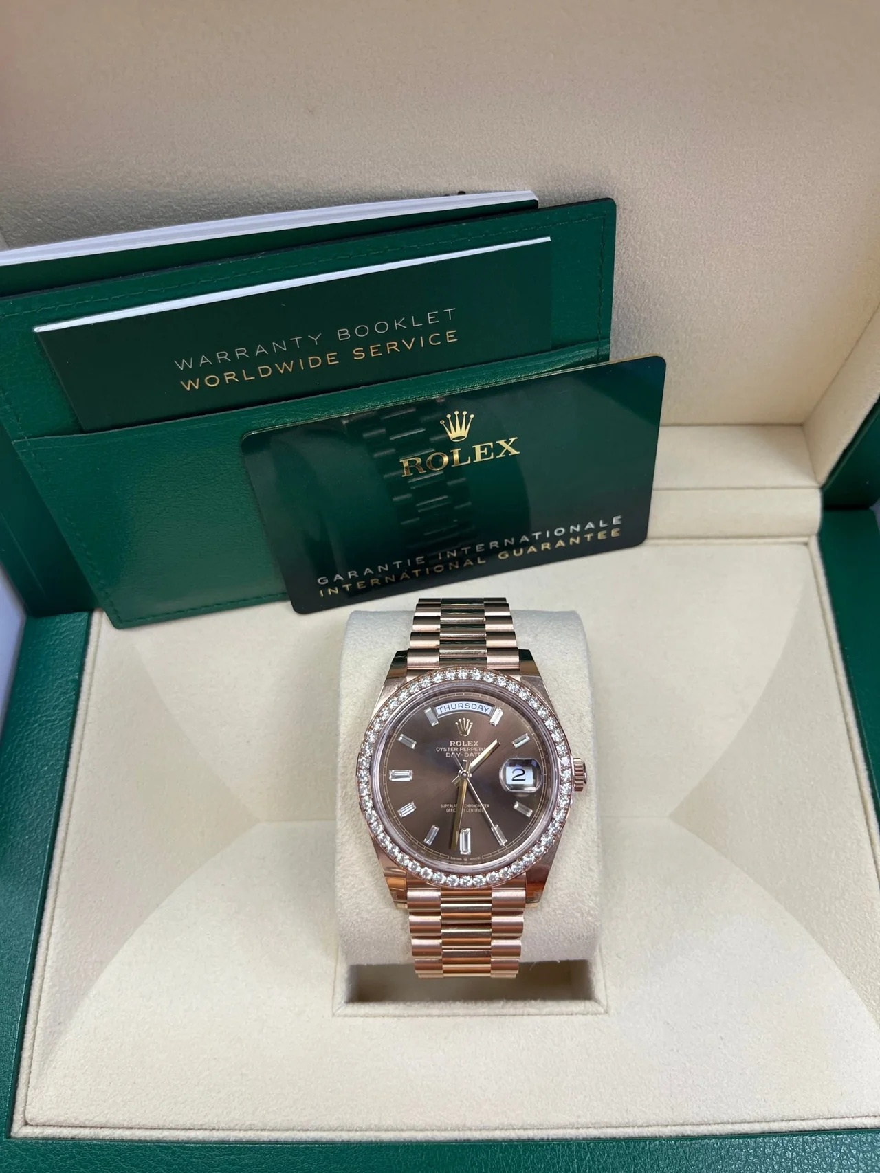 RLX Day-Date 40mm Chocolate Baguette Diamond Dial Diamond Bezel Dial Watch 228345RBR - LITELUX