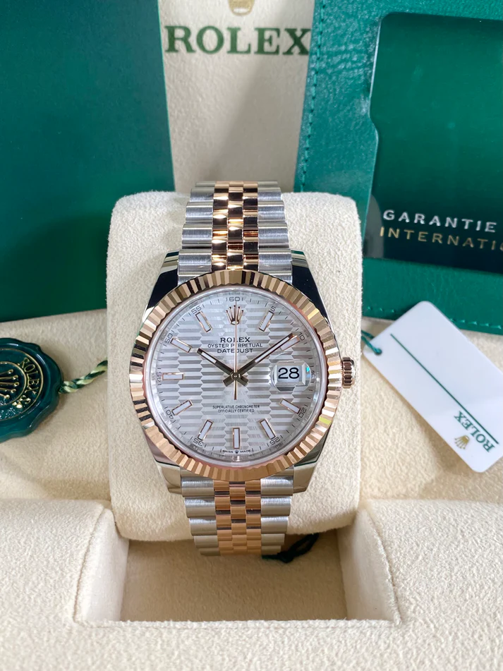 RLX Datejust 41mm 126331 Silver Fluted Motif Dial Two Tone Stainless Steel & 18K Rose Gold Jubilee Bracelet Men's Watch - LITELUX