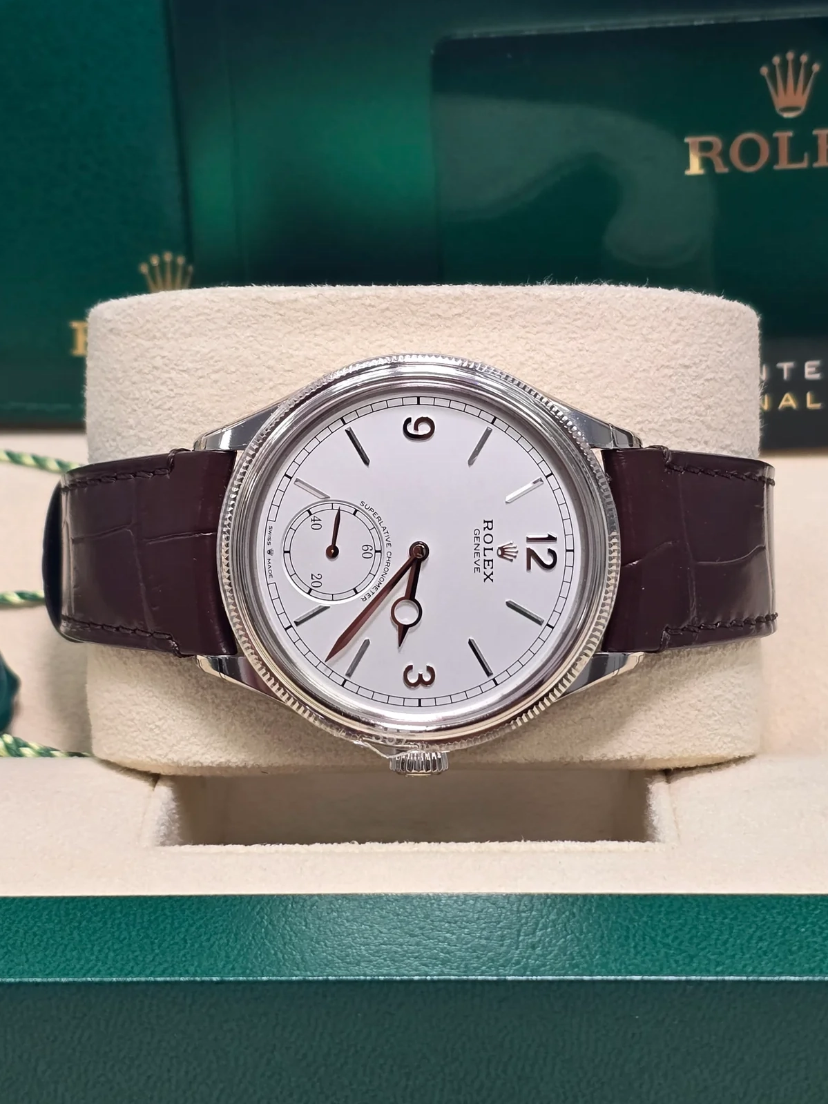 Rolex 1908 White Gold White Dial Brown Alligator Strap - 52509-0006 - LITELUX