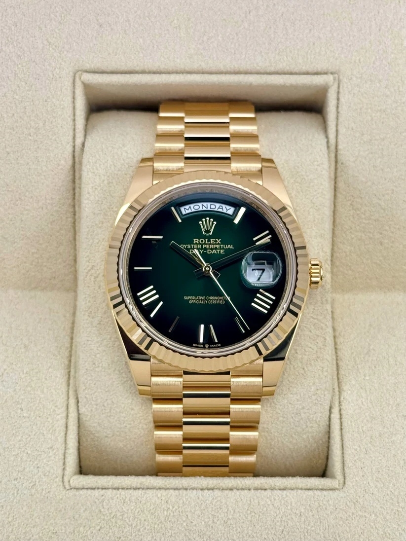 RLX Yellow Gold President Day Date 40mm Green Roman Ombre Dial - 228238 - LITELUX