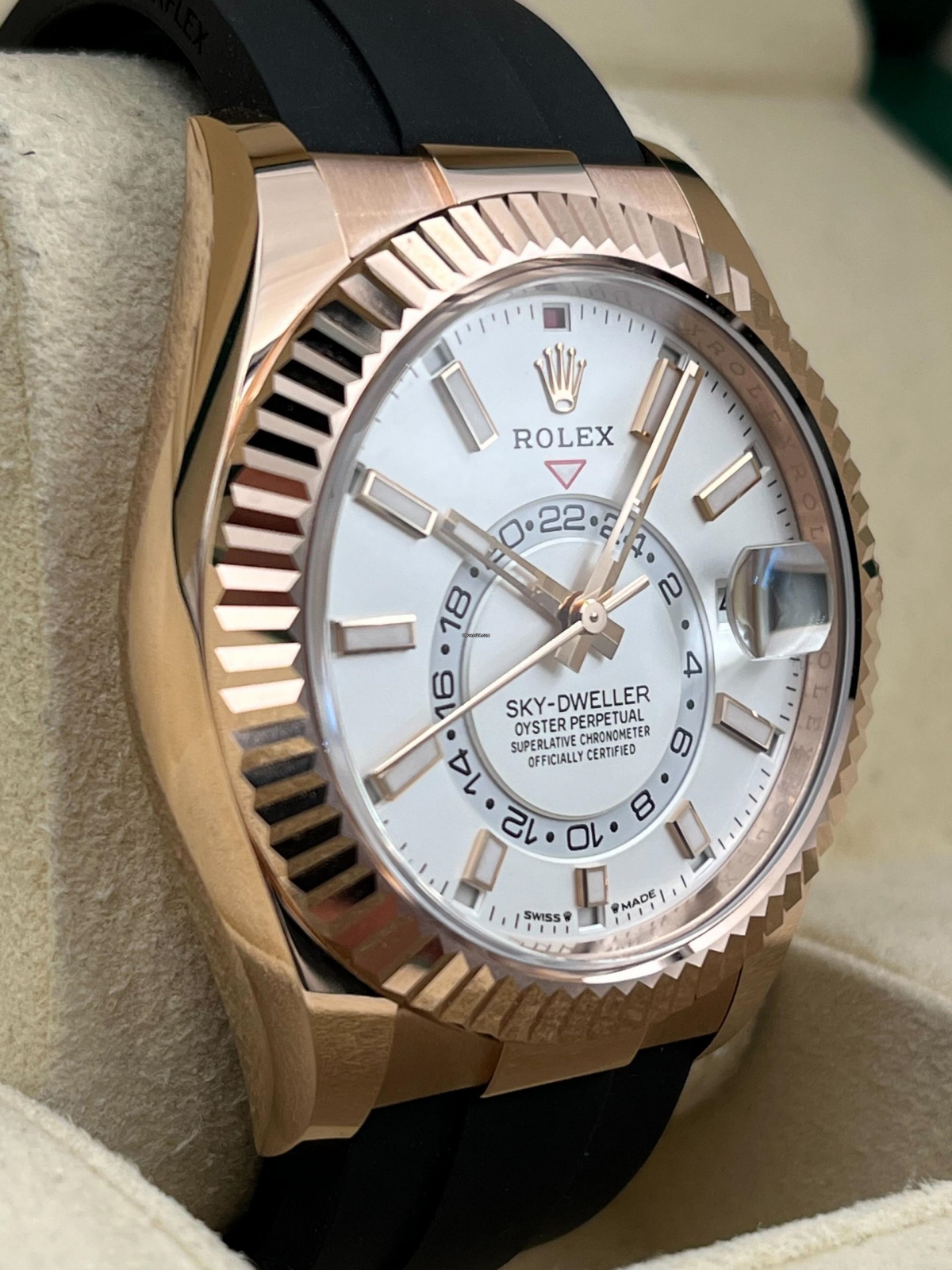 RLX Sky-Dweller 42mm Rose Gold White Dial Oysterflex - 336235 - LITELUX