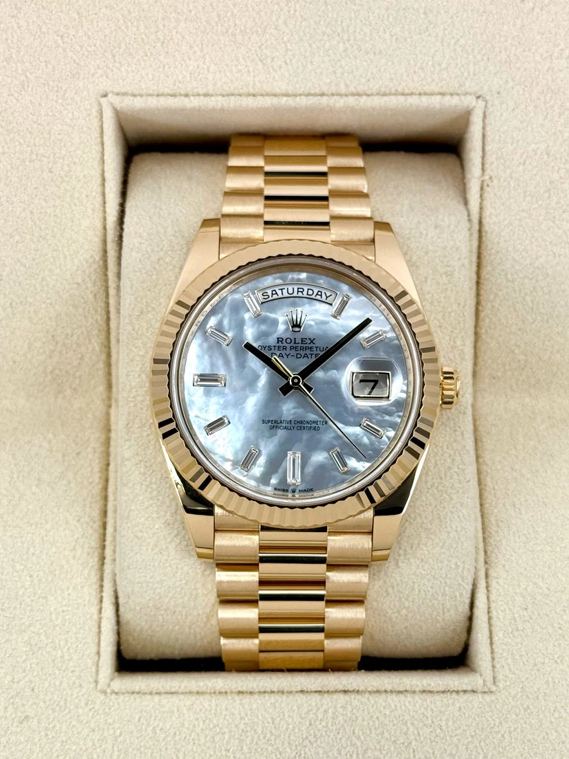 RLX Day-Date 40mm Yellow Gold President Mother of Pearl Diamond Baguette Dial - 228238 - LITELUX