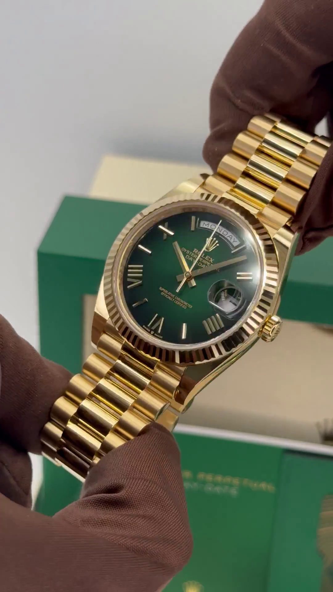 RLX Yellow Gold President Day Date 40mm Green Roman Ombre Dial - 228238 - LITELUX
