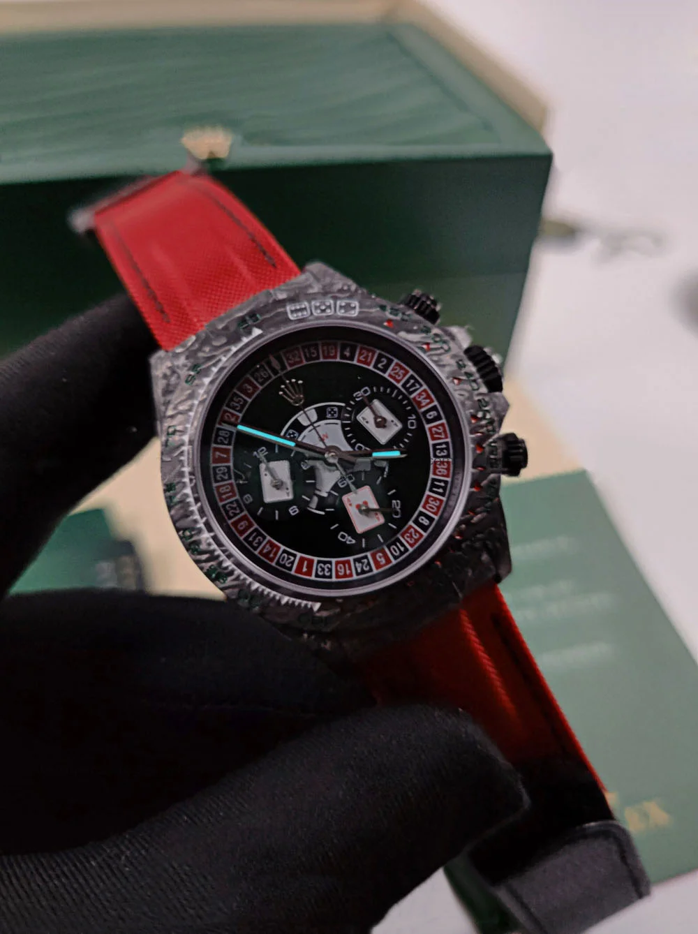 12A(Swiss movement)Rolex Cosmograph Daytona DIW Carbon Lucky Player Casino Swiss Replica Watch | Custom Made Limited Edition | - LITELUX