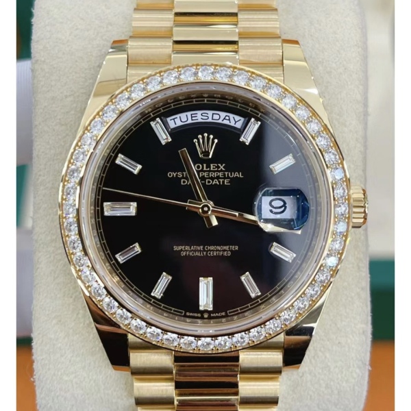 RLX Day-Date 40mm Black Diamond Dial and Diamond Bezel Yellow Gold President Bracelet 228348RBR-0001 - LITELUX