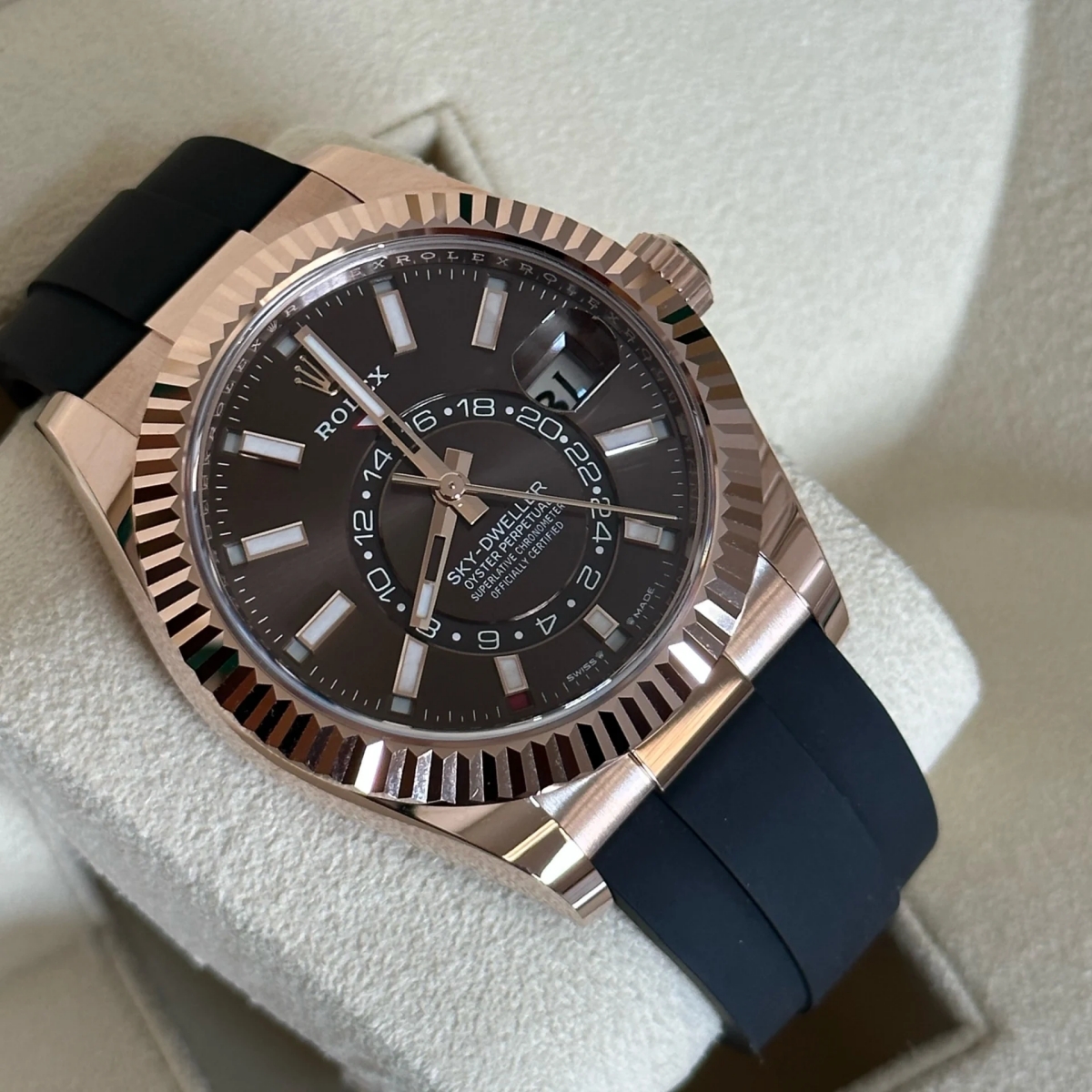 RLX Sky-Dweller 42mm Rose Gold Chocolate Dial Oysterflex - 336235 - LITELUX