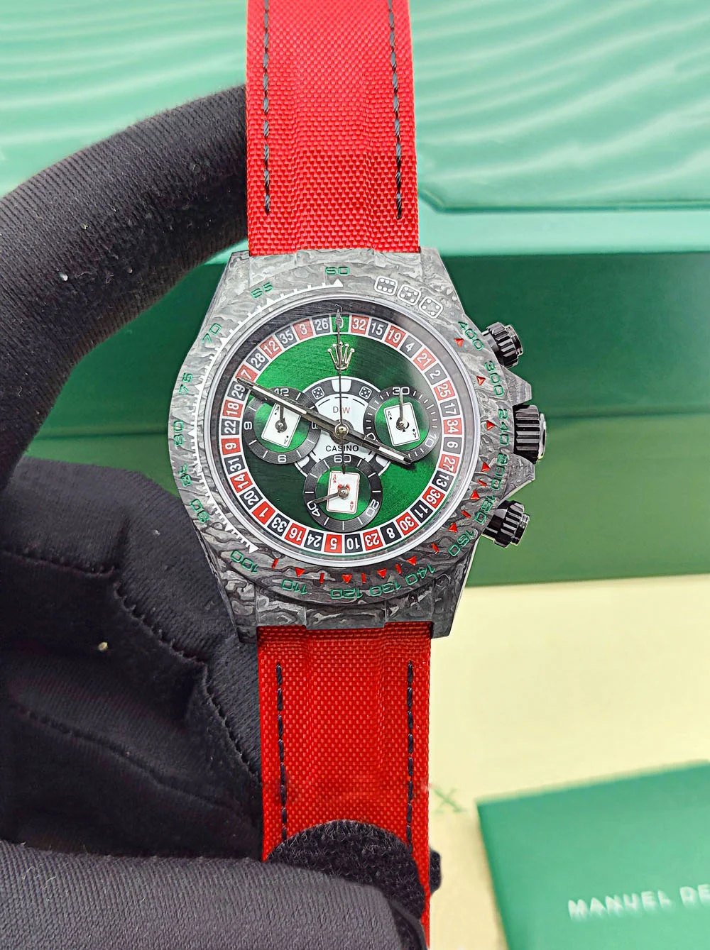 12A(Swiss movement)Rolex Cosmograph Daytona DIW Carbon Lucky Player Casino Swiss Replica Watch | Custom Made Limited Edition | - LITELUX