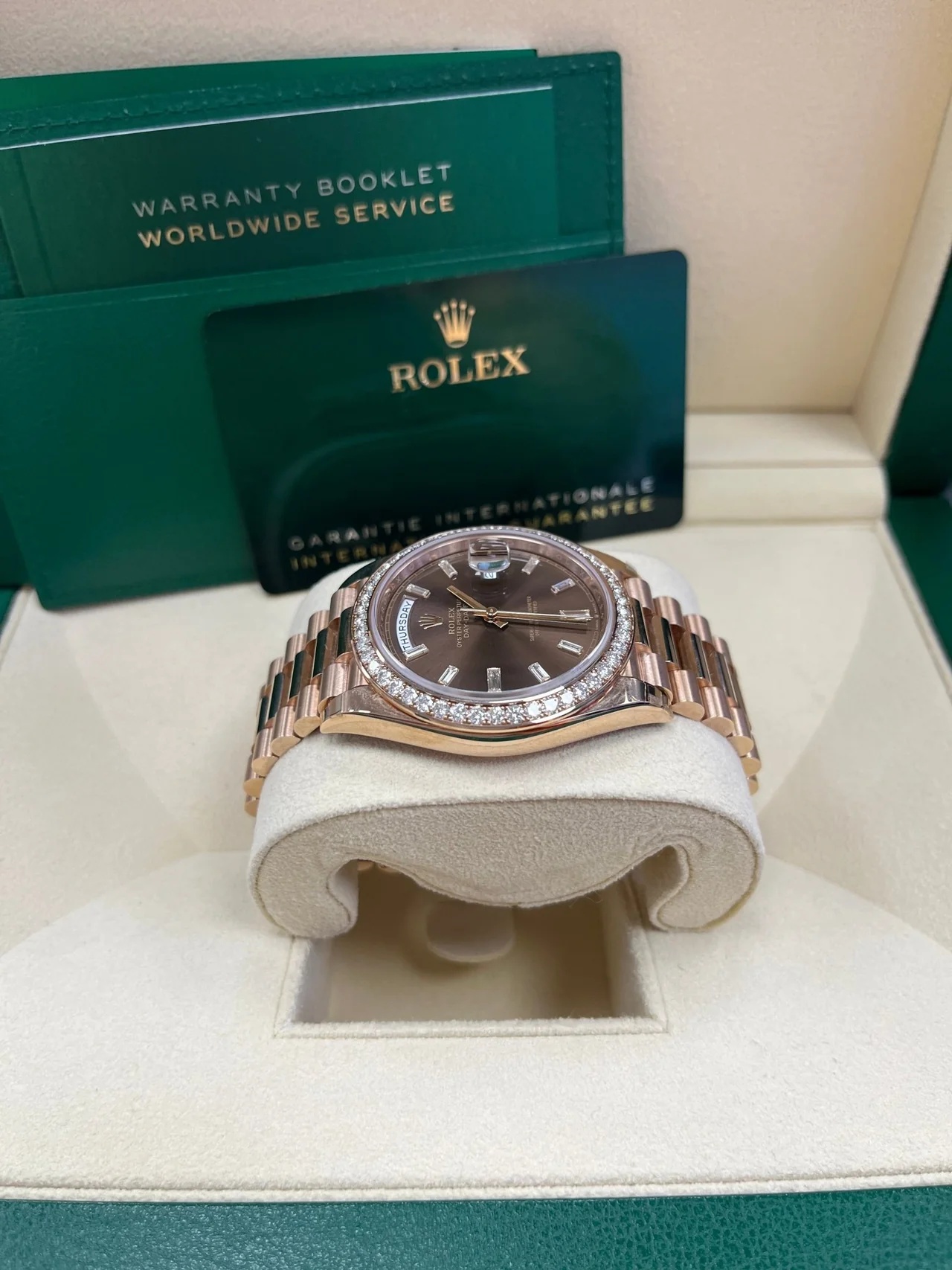 RLX Day-Date 40mm Chocolate Baguette Diamond Dial Diamond Bezel Dial Watch 228345RBR - LITELUX