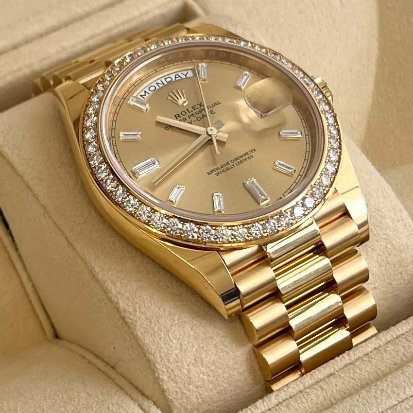 RLX Day-Date 40mm Champagne Diamond Dial and Bezel Yellow Gold President Bracelet 228348RBR-0002 - LITELUX