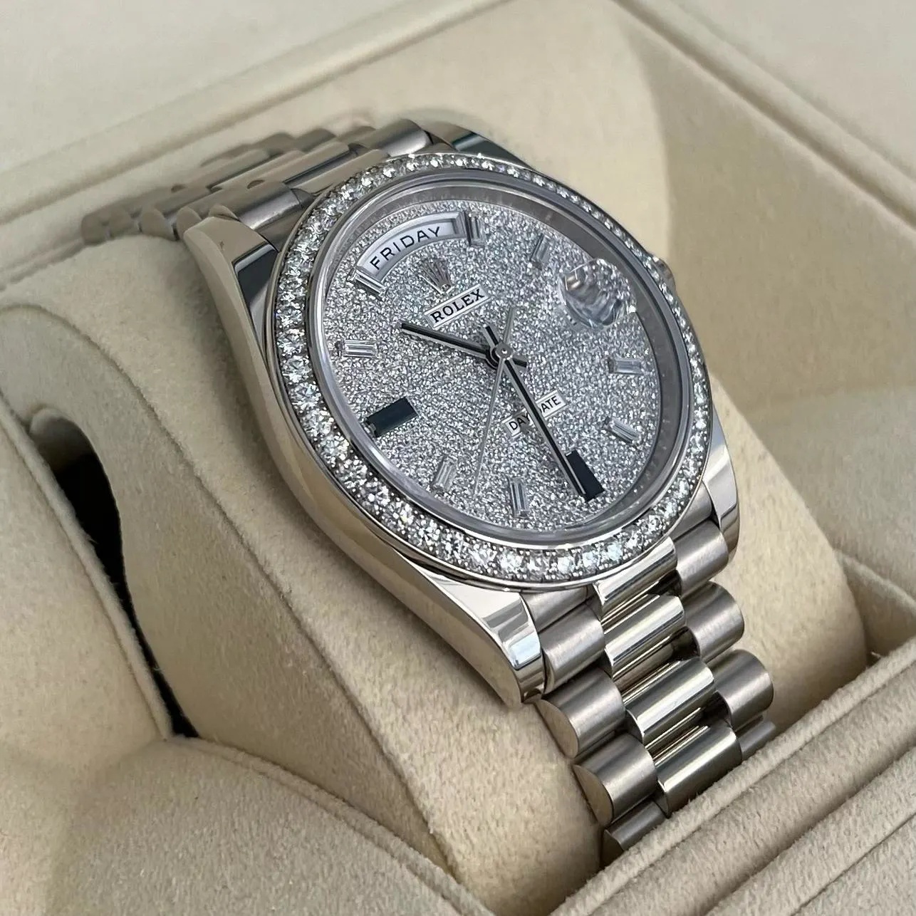 RLX 228349RBR-0036 Day-Date 40mm 18k White Gold Paved With Diamonds Watch - LITELUX