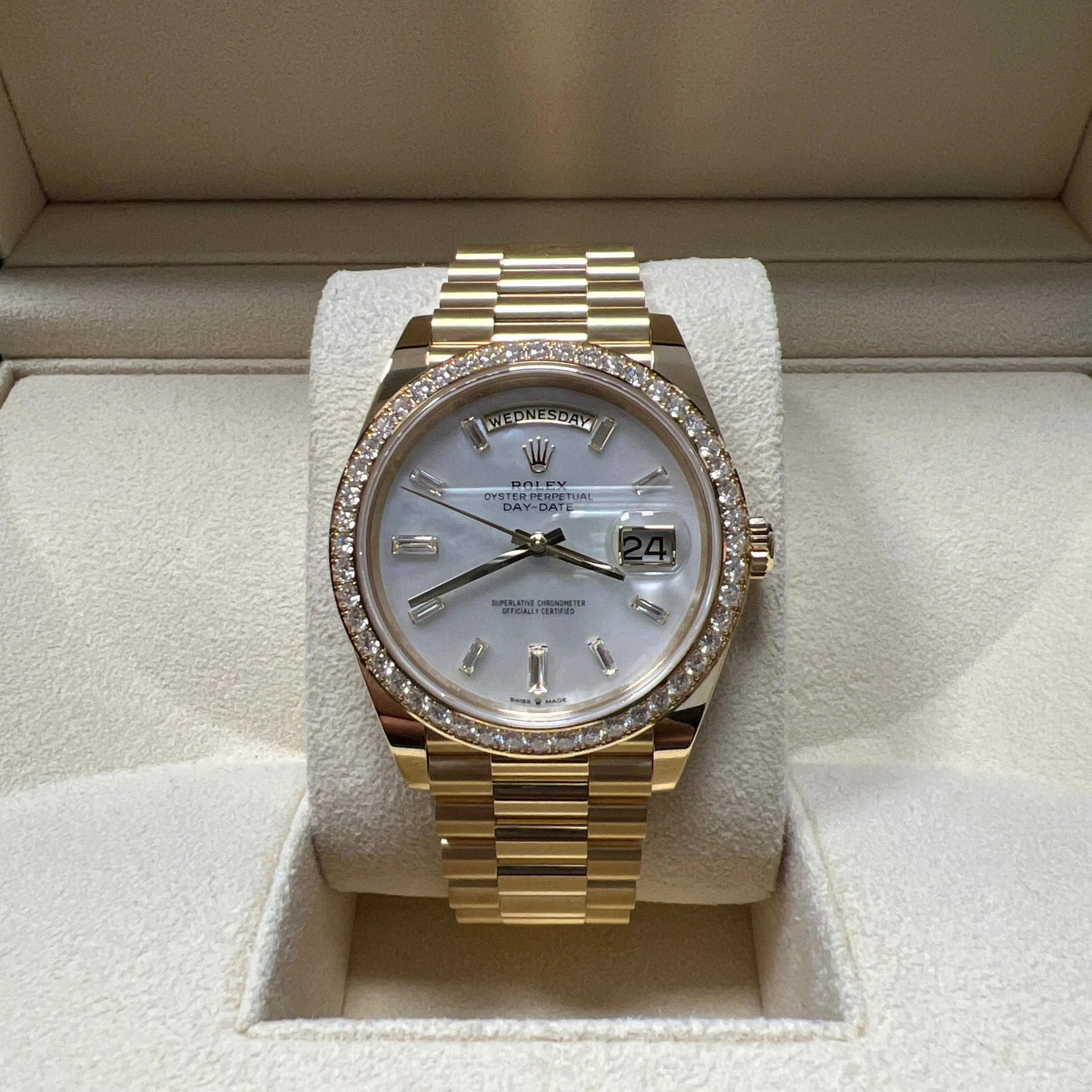 RLX Day-Date 40mm White Mother-of-Pearl Dial President Watch 228348RBR-0046 - LITELUX