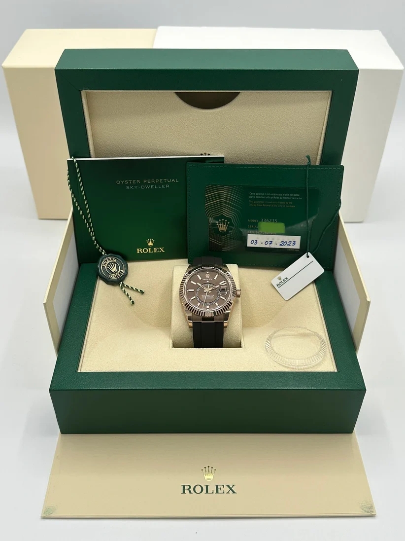 RLX Sky-Dweller 42mm Rose Gold Chocolate Dial Oysterflex - 336235 - LITELUX