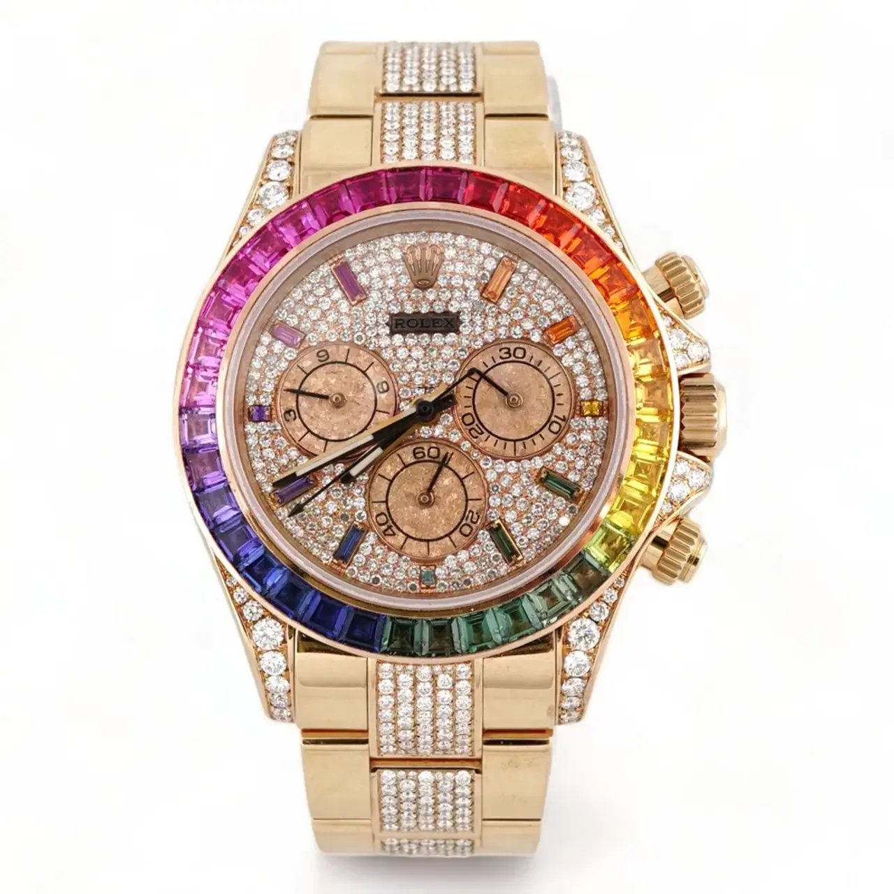 Diamond Rolex Cosmograph Daytona 116505 Custom Rainbow Diamond 18K Rose Gold 40mm - LITELUX