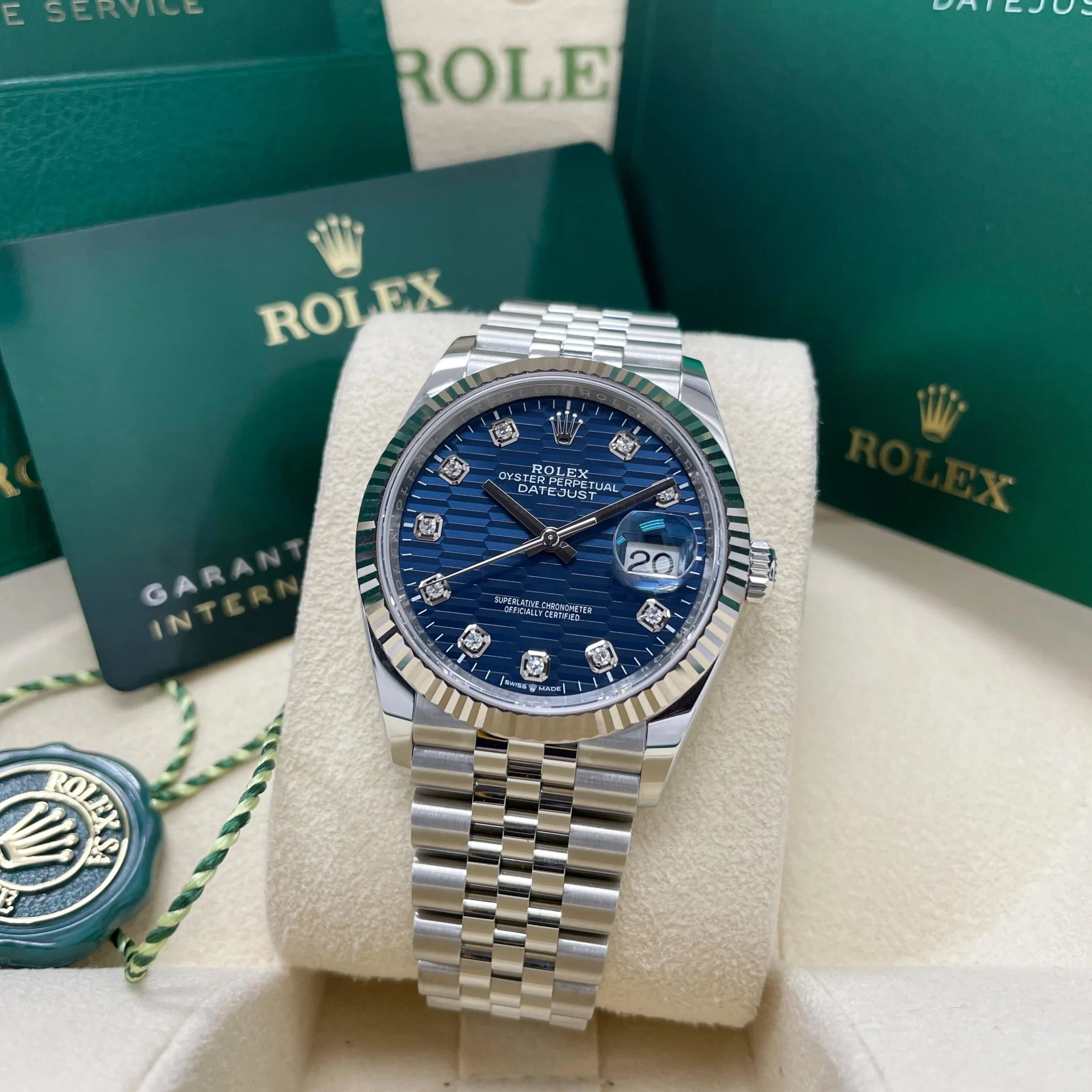 RLX Datejust 36mm 126234 Blue Fluted Motif Diamond Dial Jubilee Bracelet Watch - LITELUX