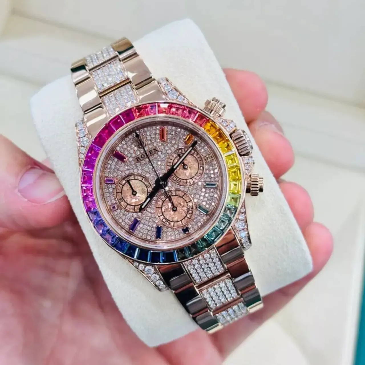 Diamond Rolex Cosmograph Daytona 116505 Custom Rainbow Diamond 18K Rose Gold 40mm - LITELUX