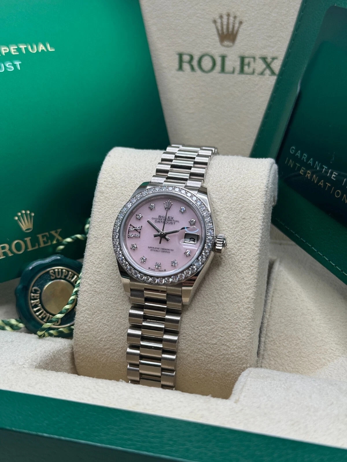 RLX Lady-Datejust 28mm 279139RBR Pink Opal Diamond Dial and Diamond Bezel White Gold Bracelet - LITELUX