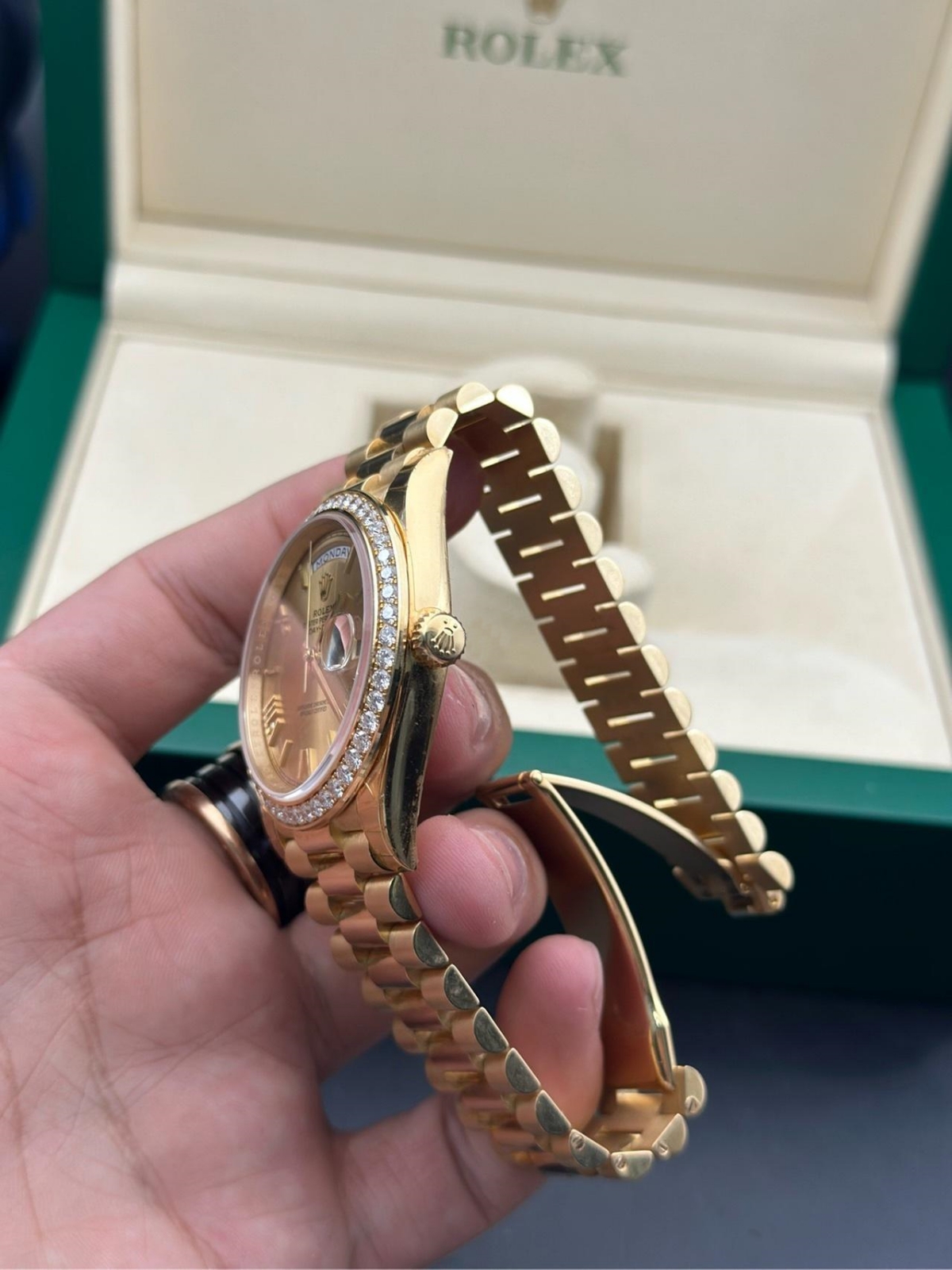 RLX Day-Date 40mm Champagne Dial and Diamond Bezel Yellow Gold President Bracelet 228348RBR-0003 - LITELUX