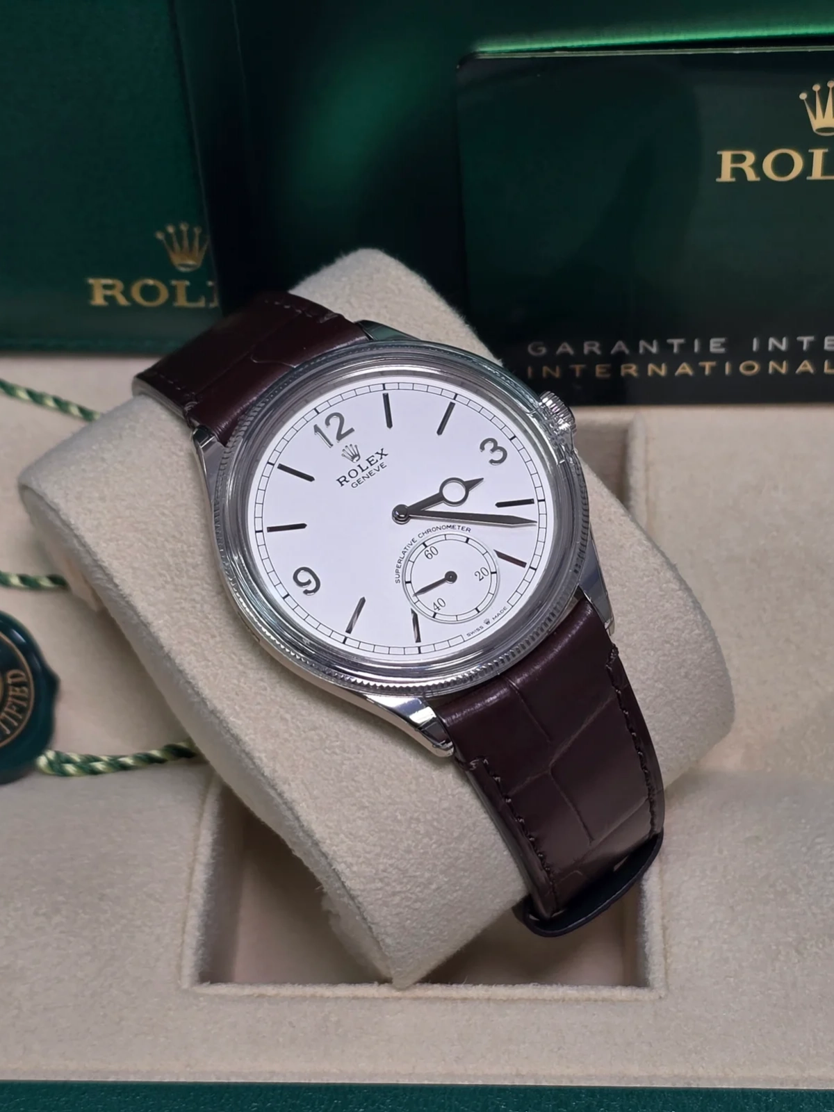 Rolex 1908 White Gold White Dial Brown Alligator Strap - 52509-0006 - LITELUX