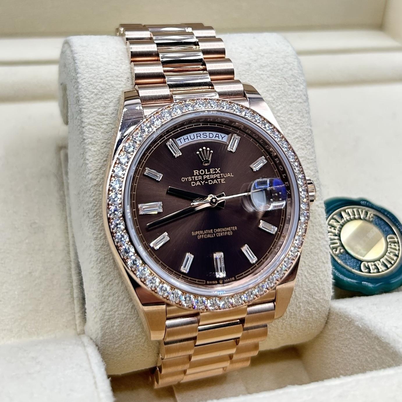 RLX Day-Date 40mm Chocolate Baguette Diamond Dial Diamond Bezel Dial Watch 228345RBR - LITELUX