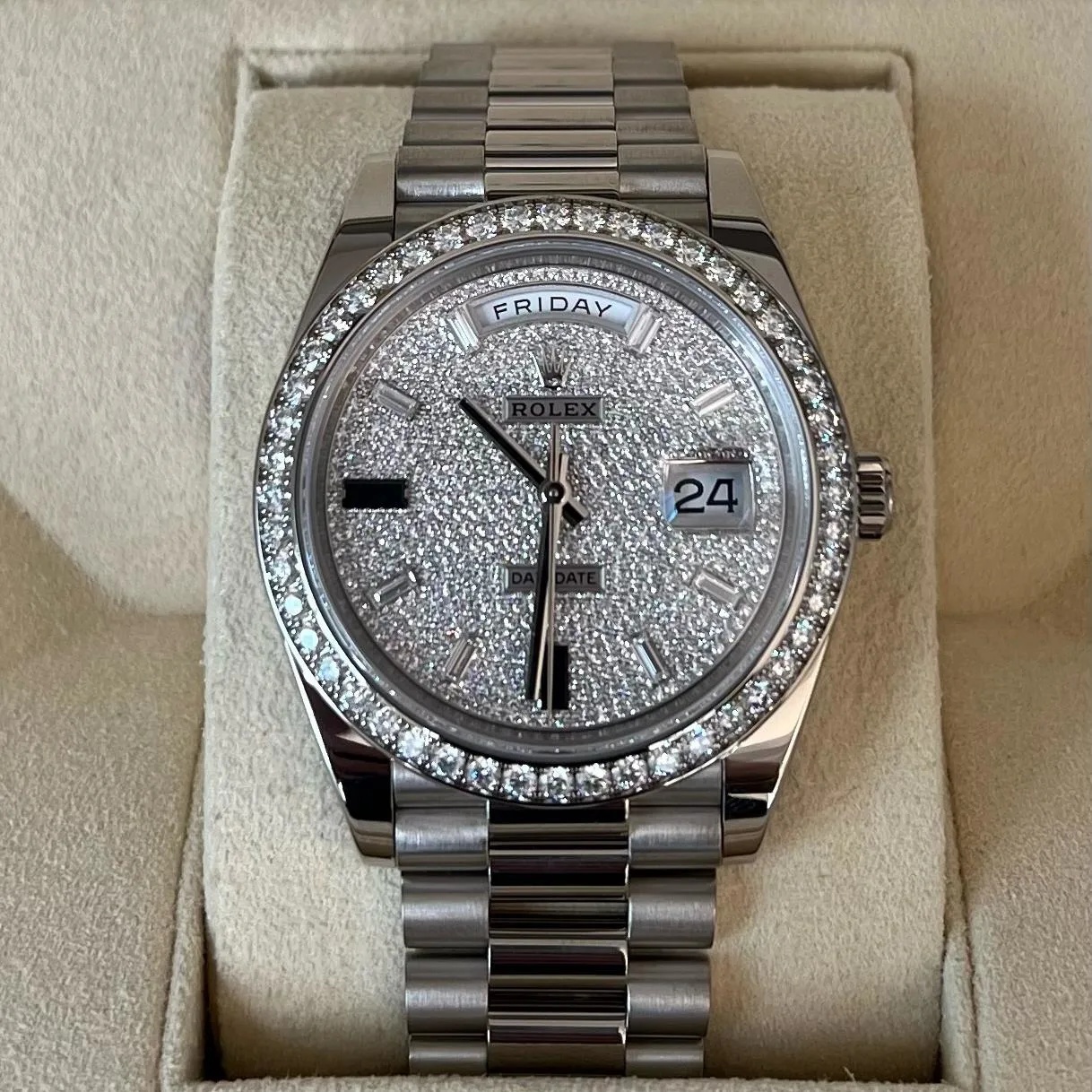 RLX 228349RBR-0036 Day-Date 40mm 18k White Gold Paved With Diamonds Watch - LITELUX
