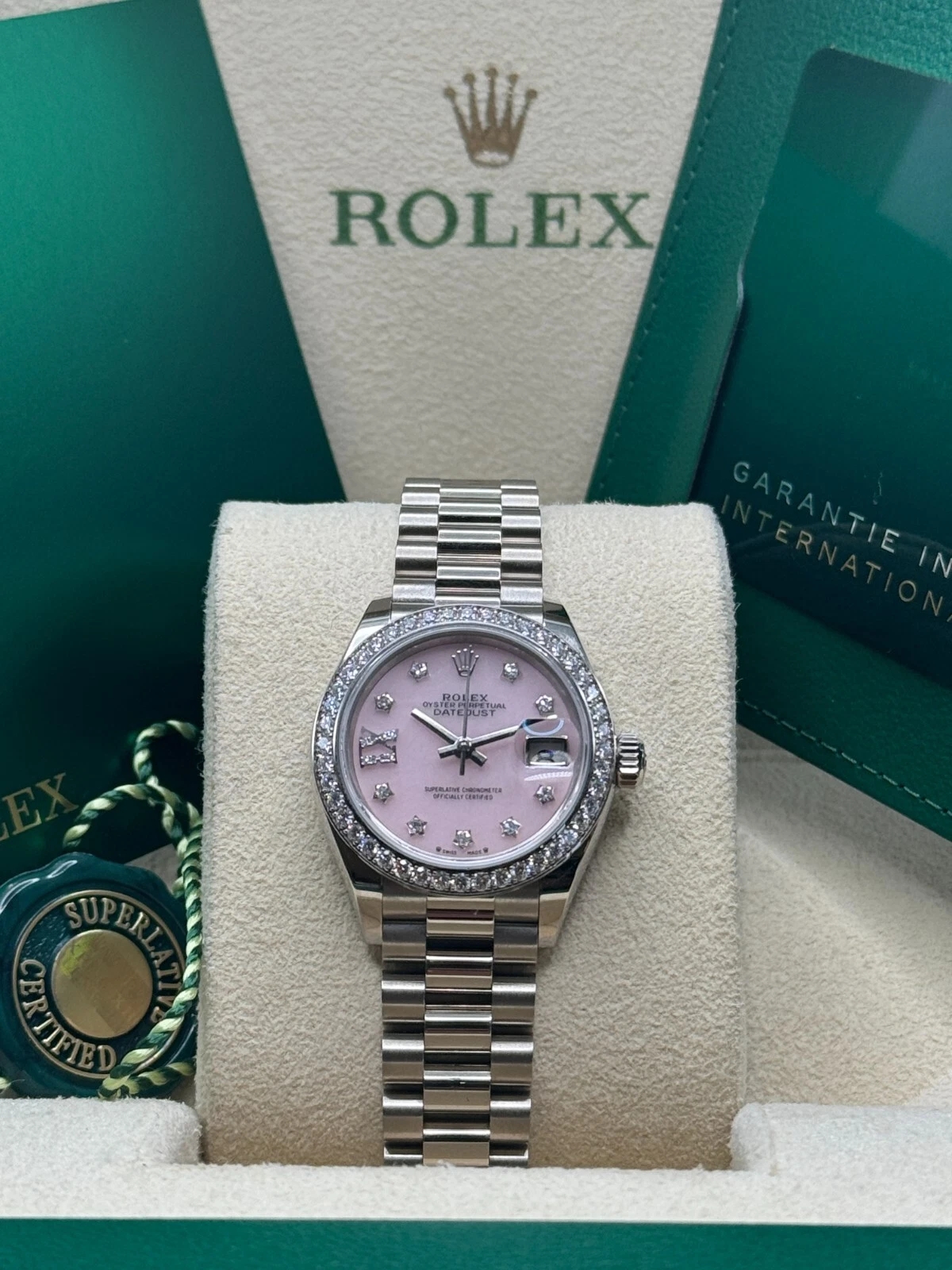 RLX Lady-Datejust 28mm 279139RBR Pink Opal Diamond Dial and Diamond Bezel White Gold Bracelet - LITELUX
