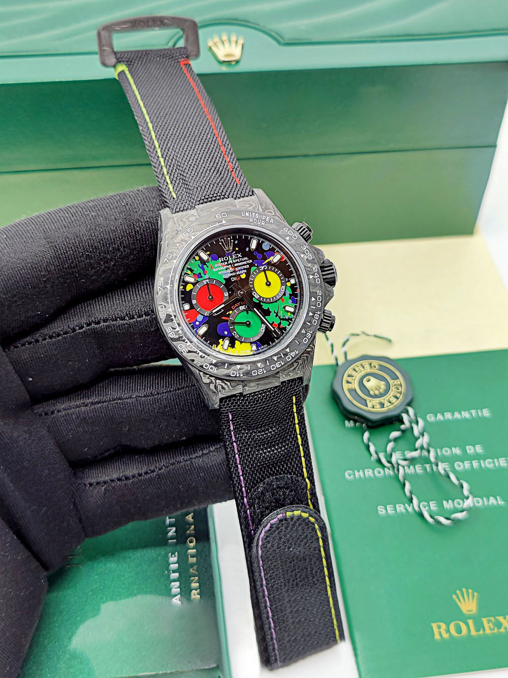 12A(Swiss movement)Rolex Cosmograph Daytona DIW Carbon Motley Multicolour Dial Swiss Replica Watch | Custom Made Limited Edition | - LITELUX
