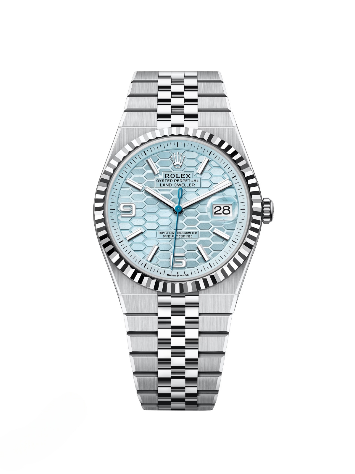 【12A 1:1 replica super clone】RLX Land-Dweller 127336-0001 Blue Honeycomb Dial Platinum Jubilee Bracelet 40mm - LITELUX