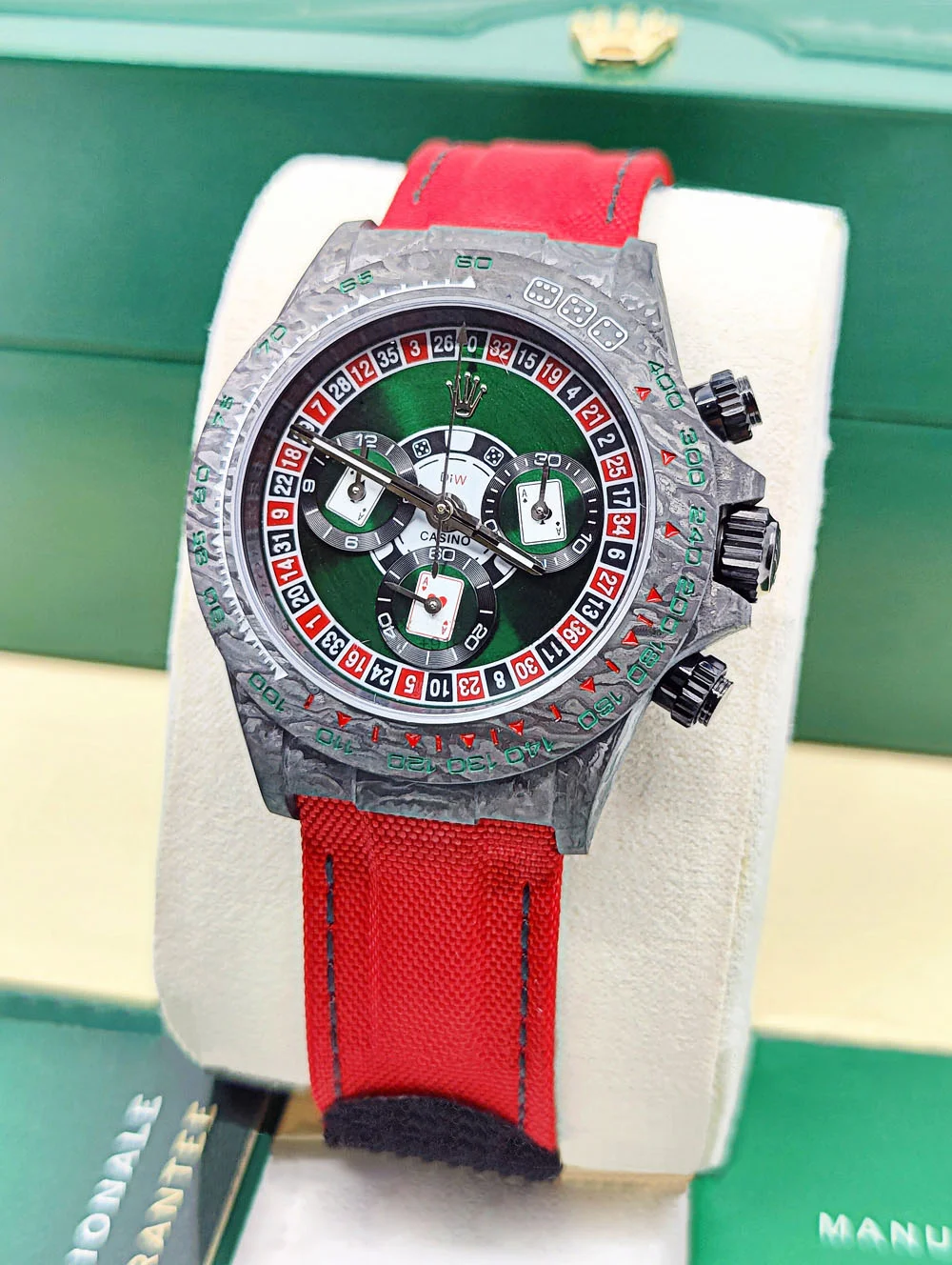 12A(Swiss movement)Rolex Cosmograph Daytona DIW Carbon Lucky Player Casino Swiss Replica Watch | Custom Made Limited Edition | - LITELUX