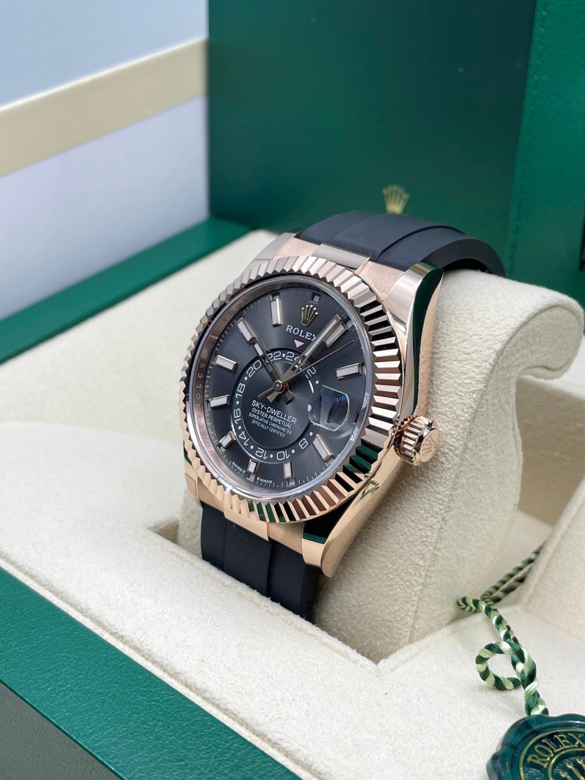 RLX Sky-Dweller 42mm Rose Gold Slate Dial Oysterflex - 336235 - LITELUX