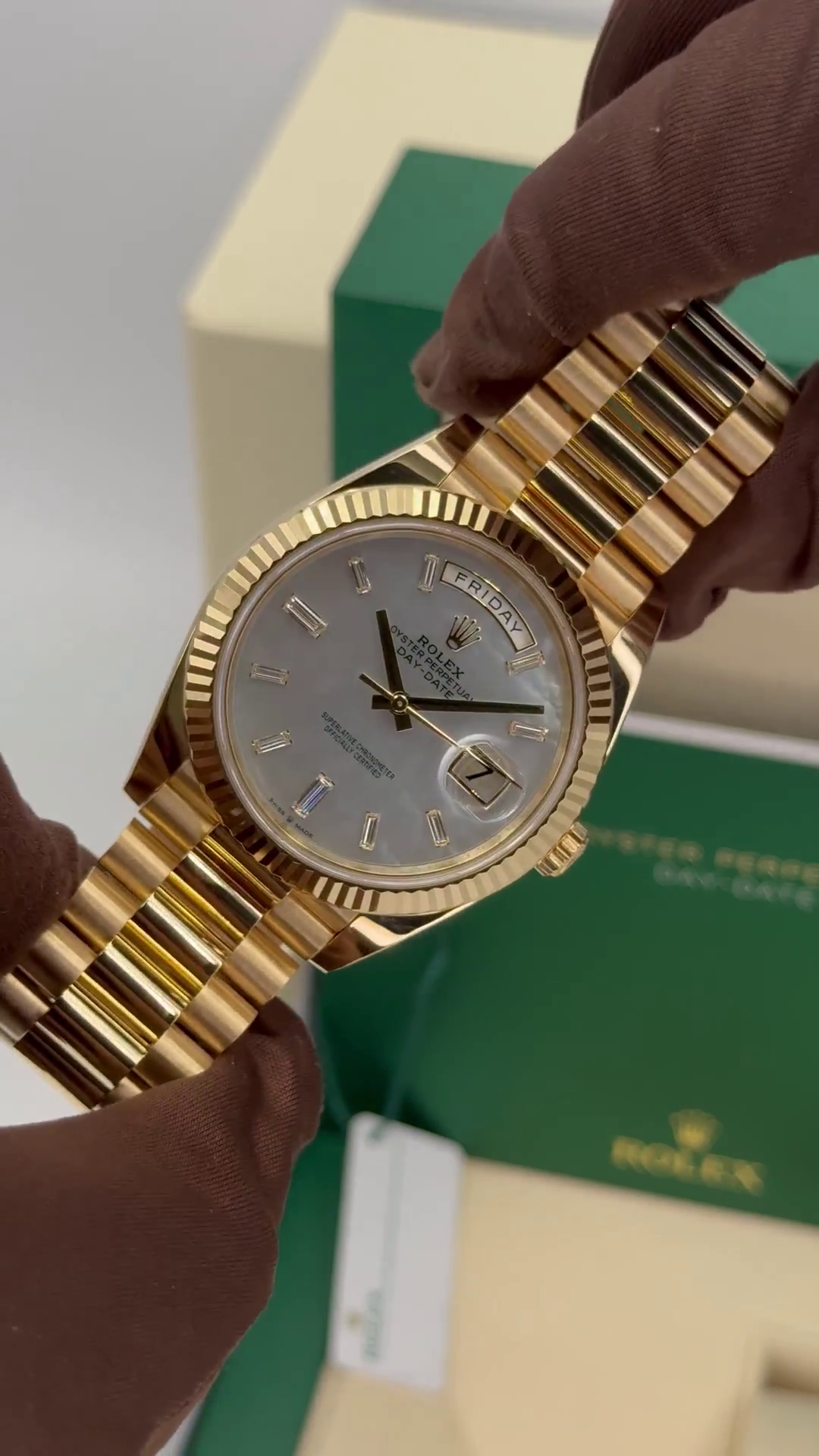 RLX Day-Date 40mm Yellow Gold President Mother of Pearl Diamond Baguette Dial - 228238 - LITELUX