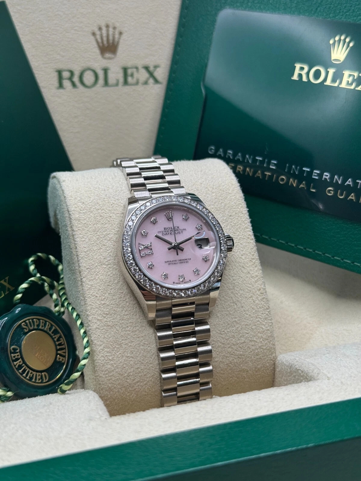 RLX Lady-Datejust 28mm 279139RBR Pink Opal Diamond Dial and Diamond Bezel White Gold Bracelet - LITELUX