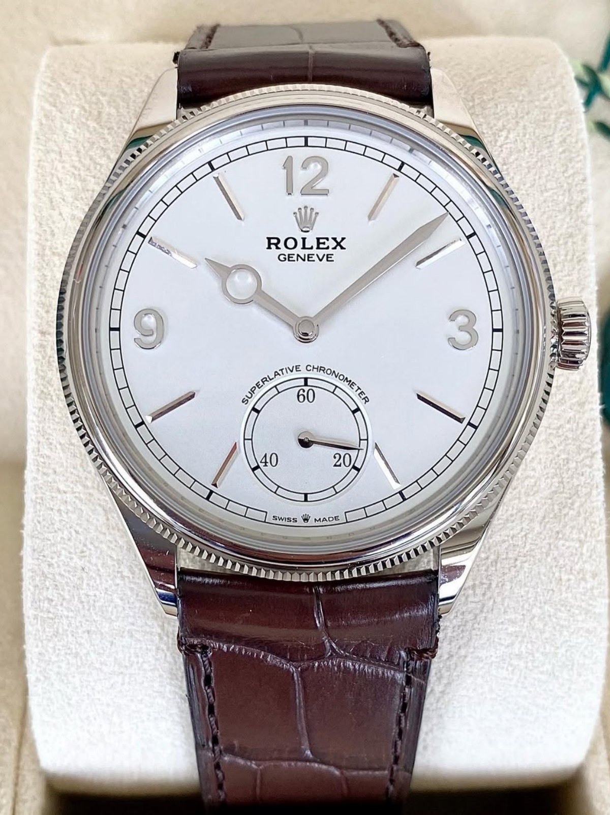 Rolex 1908 White Gold White Dial Brown Alligator Strap - 52509-0006 - LITELUX