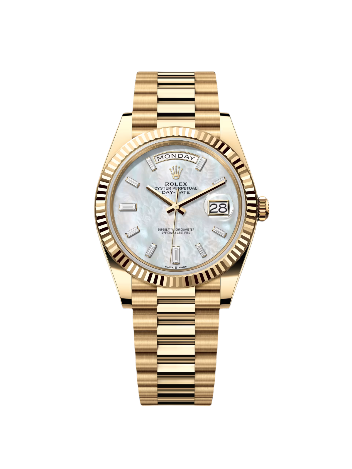 RLX Day-Date 40mm Yellow Gold President Mother of Pearl Diamond Baguette Dial - 228238 - LITELUX