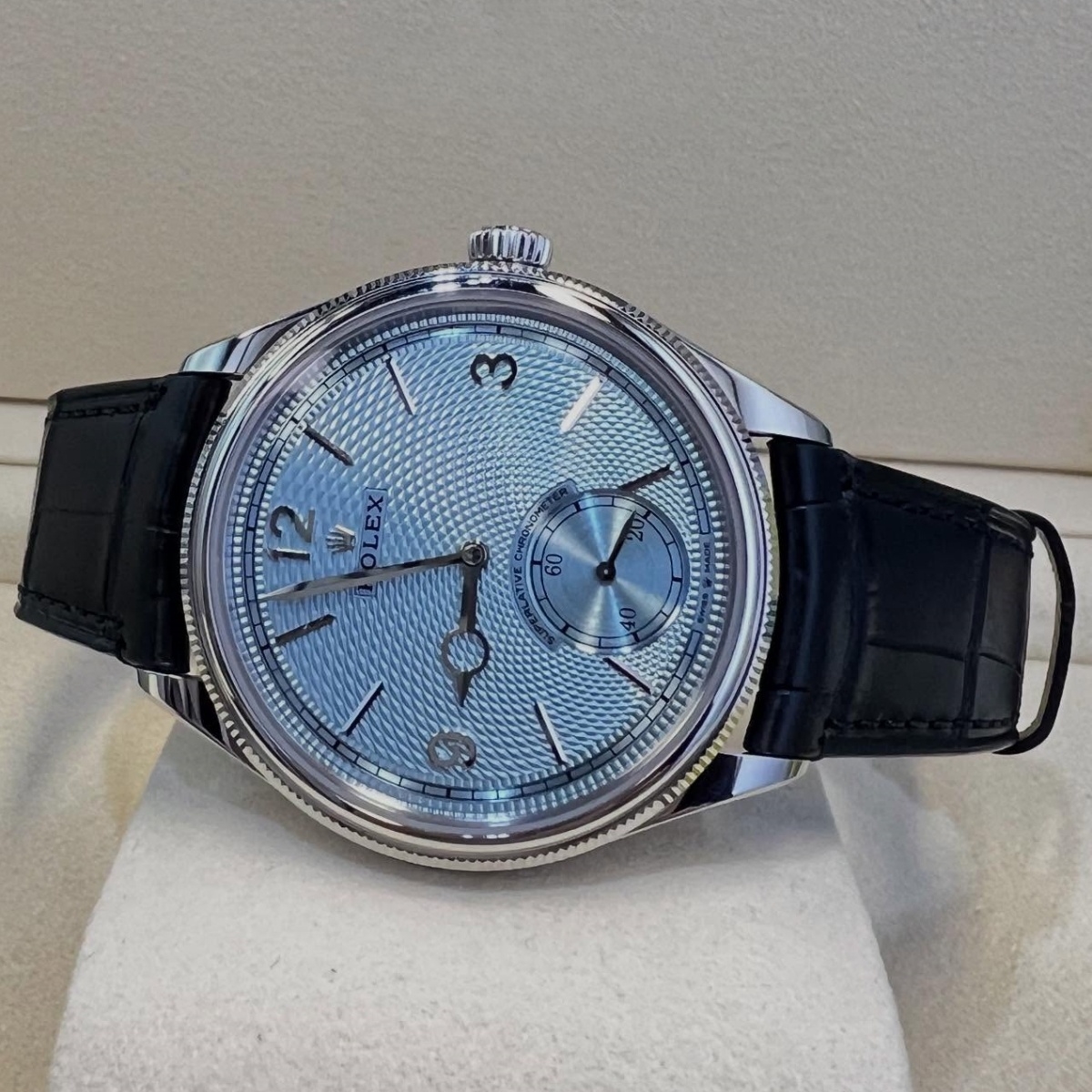Rolex 1908 Platinum Ice Blue Dial Black Alligator Strap - 52506-0003 - LITELUX