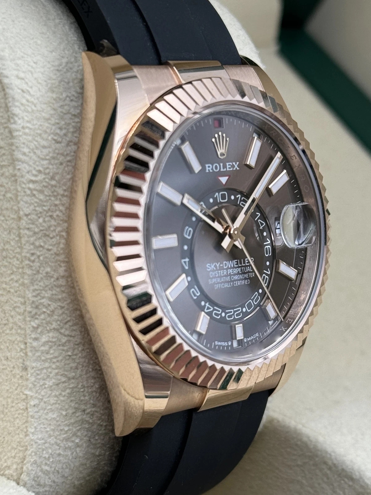 RLX Sky-Dweller 42mm Rose Gold Chocolate Dial Oysterflex - 336235 - LITELUX