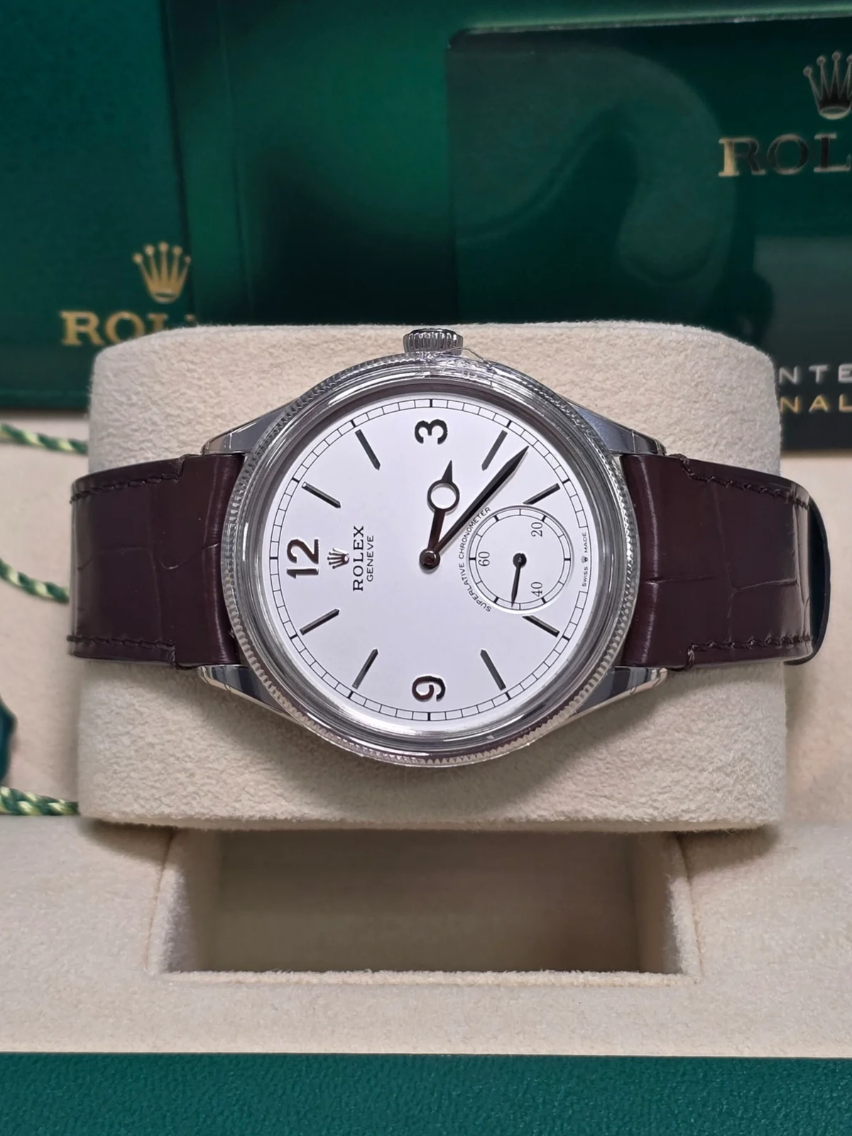 Rolex 1908 White Gold White Dial Brown Alligator Strap - 52509-0006 - LITELUX