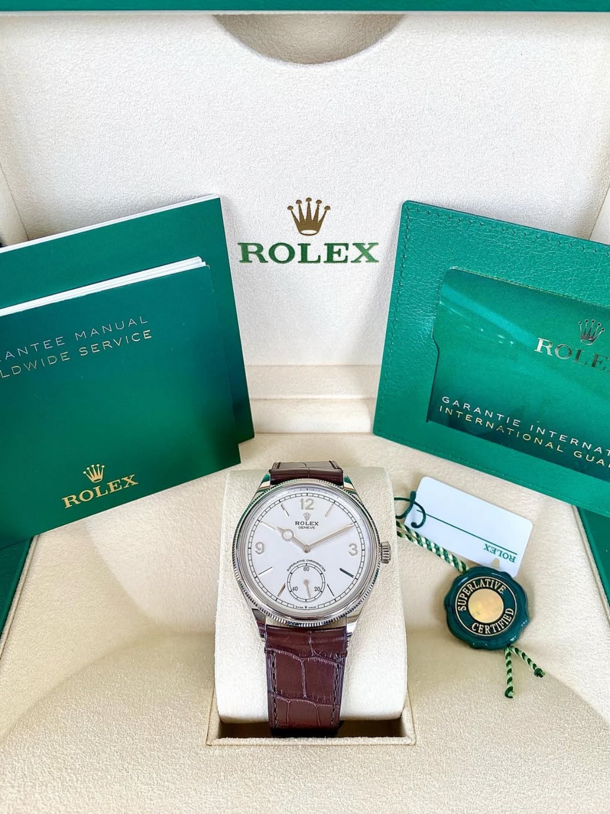 Rolex 1908 White Gold White Dial Brown Alligator Strap - 52509-0006 - LITELUX