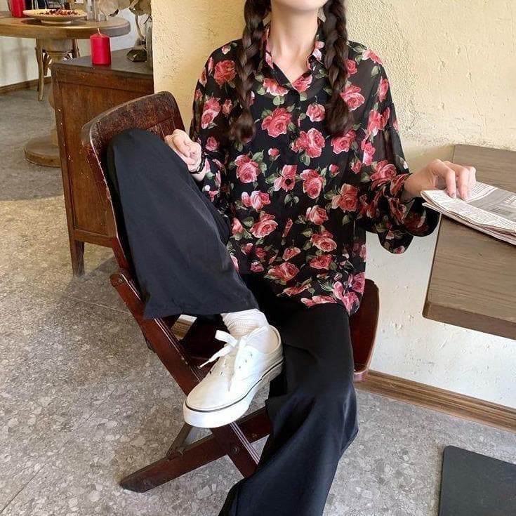 jpyuyuco-See-Through Button-Down Blouse With Floral Print (S to 4XL!)