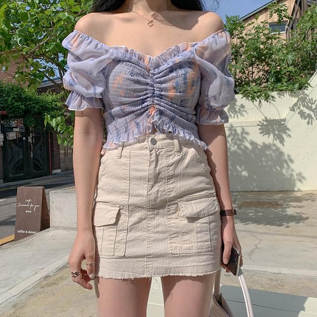 jpyuyuco-Crop Chiffon Blouse With Puff Sleeves